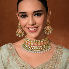 Gold Plated Ethnic Pink Choker Necklace Set With Earrings