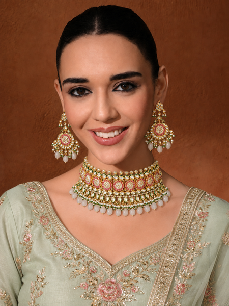 Gold Plated Ethnic Pink Choker Necklace Set With Earrings