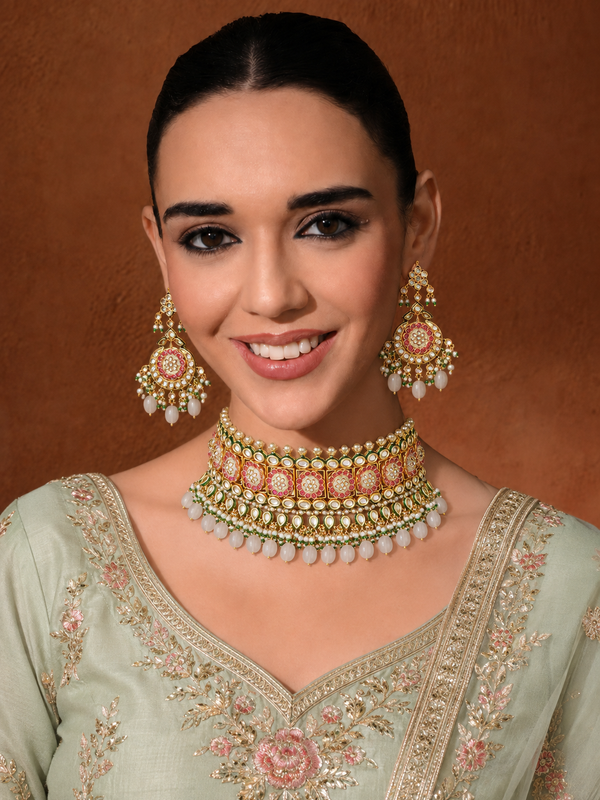 Gold Plated Ethnic Pink Choker Necklace Set With Earrings