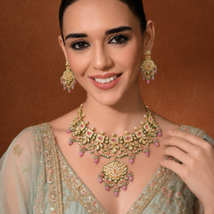 Gold Plated Pink Kundan Choker Necklace Set With Earrings