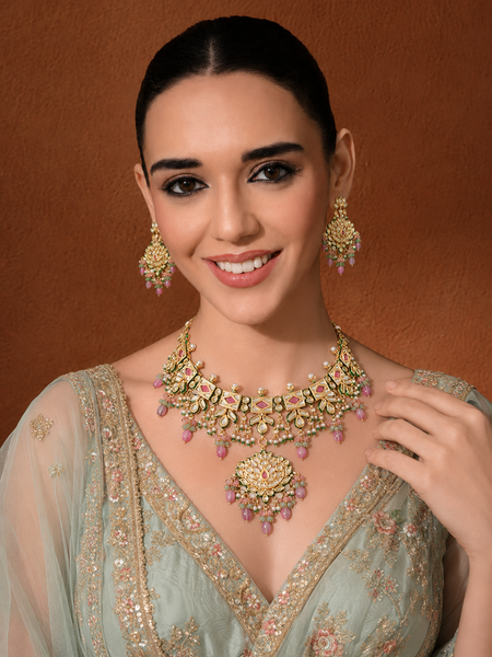Gold Plated Pink Kundan Choker Necklace Set With Earrings