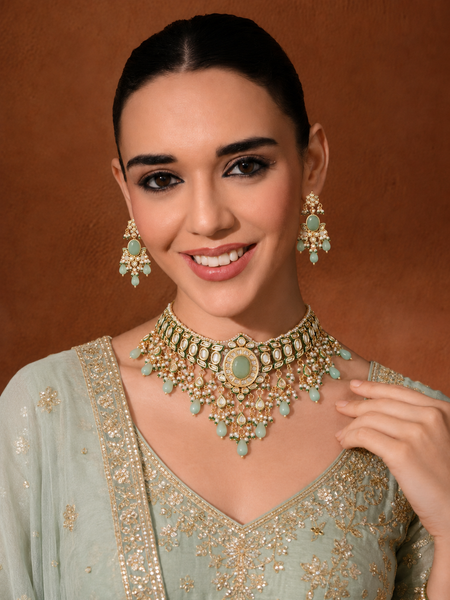 Gold Finish Kundan Polki Choker Necklace Set