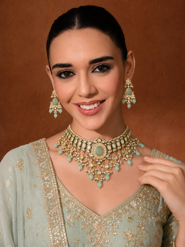 Gold Finish Kundan Polki Choker Necklace Set