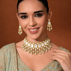 Gold Plated Pearls Kundan Choker Necklace Set With Earrings