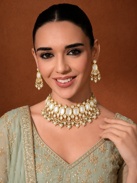 Gold Plated Pearls Kundan Choker Necklace Set With Earrings