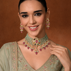 Gold Plated Multi-Color Choker Necklace Set With Earrings