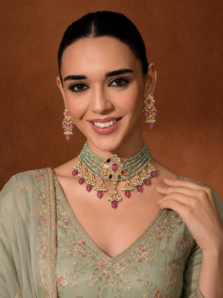 Gold Plated Multi-Color Choker Necklace Set With Earrings