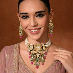 Gold Plated Ethnic Choker Set With Earrings