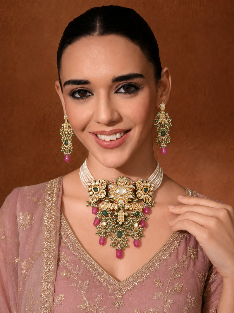 Gold Plated Ethnic Choker Set With Earrings