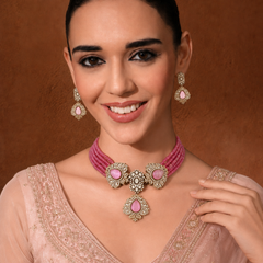 Gold Plated Rose Quartz Pink Choker Necklace Set With Earrings