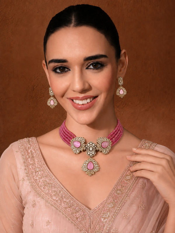 Gold Plated Rose Quartz Pink Choker Necklace Set With Earrings