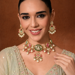 Gold Plated Kunan Polki Multi-Color Choker Set With Earrings