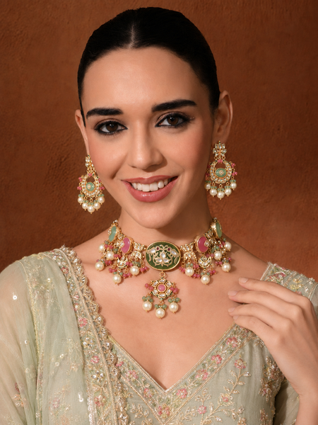 Gold Plated Kunan Polki Multi-Color Choker Set With Earrings