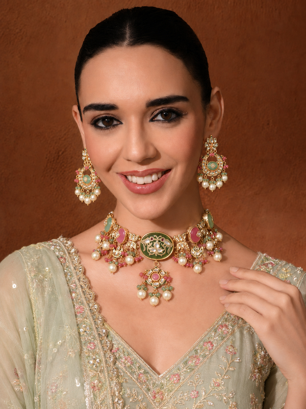 Gold Plated Kunan Polki Multi-Color Choker Set With Earrings