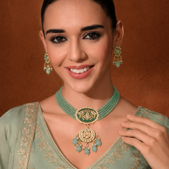 Gold Plated Kunan Polki Jade Chokar Set With Earrings