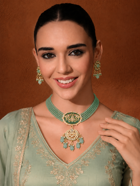 Gold Plated Kunan Polki Jade Chokar Set With Earrings
