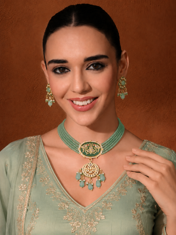 Gold Plated Kunan Polki Jade Chokar Set With Earrings