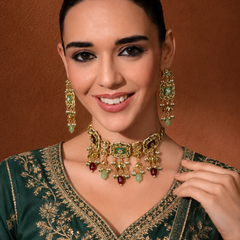 Gold Plated Multi-Color Ethnic Choker Set With Earrings