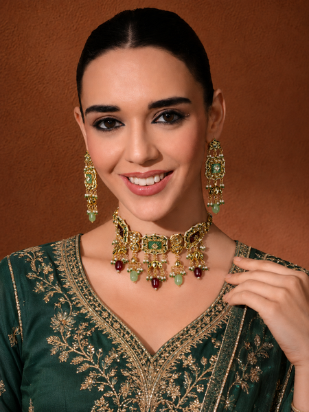 Gold Plated Multi-Color Ethnic Choker Set With Earrings