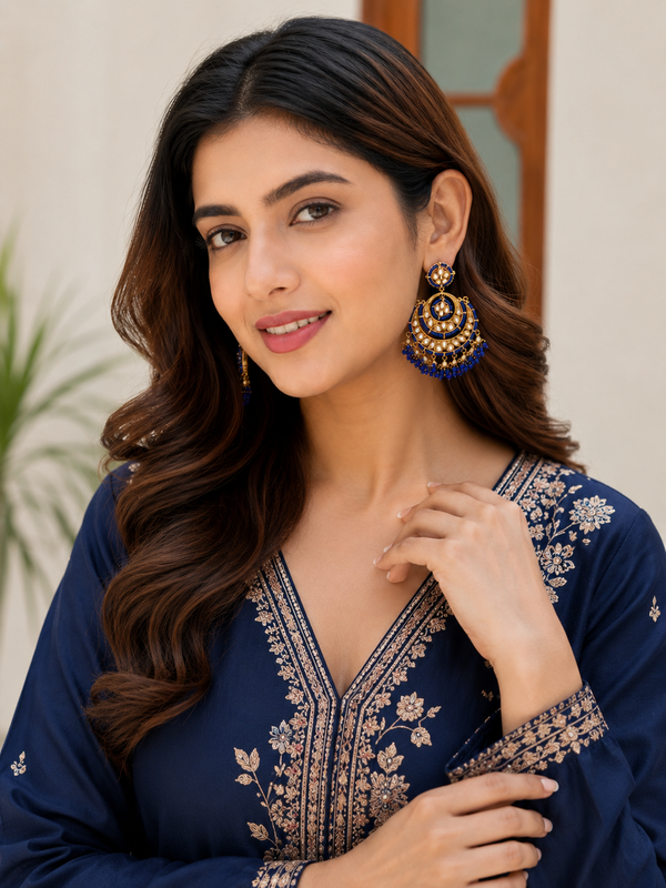 Gold Plated Blue Chandbali Earrings