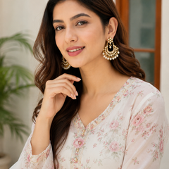 Gold Finish Chandbaali Earrings with White Pearls