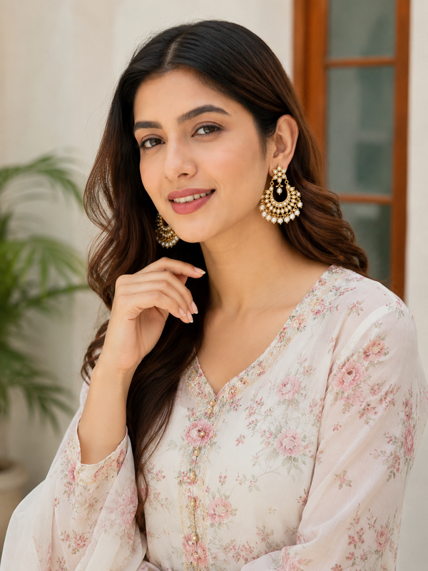 Gold Finish Chandbaali Earrings with White Pearls