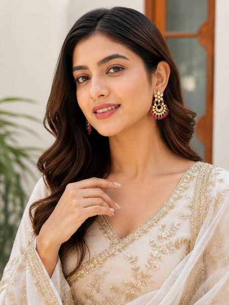 Gold Plated Pink Chaandbaali Earrings