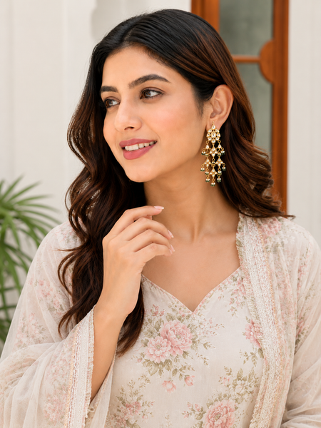 Gold Plated Ethnic Green Danglers