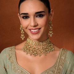 GOLD PLATED GREEN ETHNIC NECKLACE SET WITH EARINGS