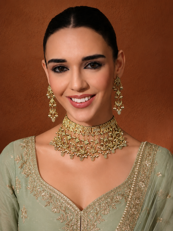 GOLD PLATED GREEN ETHNIC NECKLACE SET WITH EARINGS