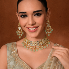 GOLD PLATED ETHNIC KUNDAN STUDDED GREEN CHOKAR SET WITH EARINGS