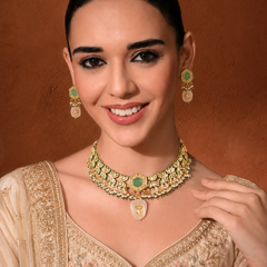 GOLD PLATED ETHNIC KUNDAN MULTI-COLOR CHOKAR SET WITH EARRINGS
