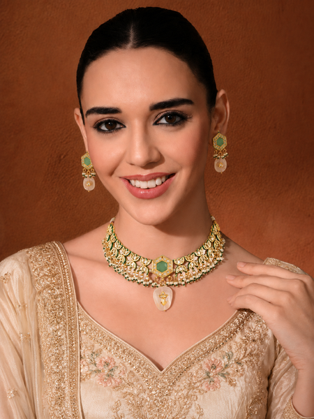 GOLD PLATED ETHNIC KUNDAN MULTI-COLOR CHOKAR SET WITH EARRINGS
