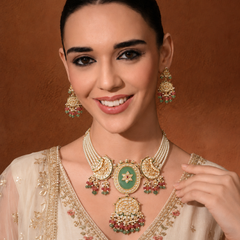 GOLD PLATED MULTI-COLOR ETHNIC CHOKAR SET WITH EARRINGS