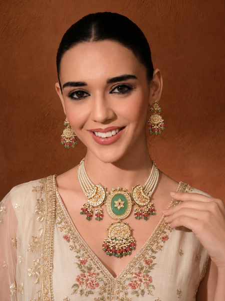 GOLD PLATED MULTI-COLOR ETHNIC CHOKAR SET WITH EARRINGS