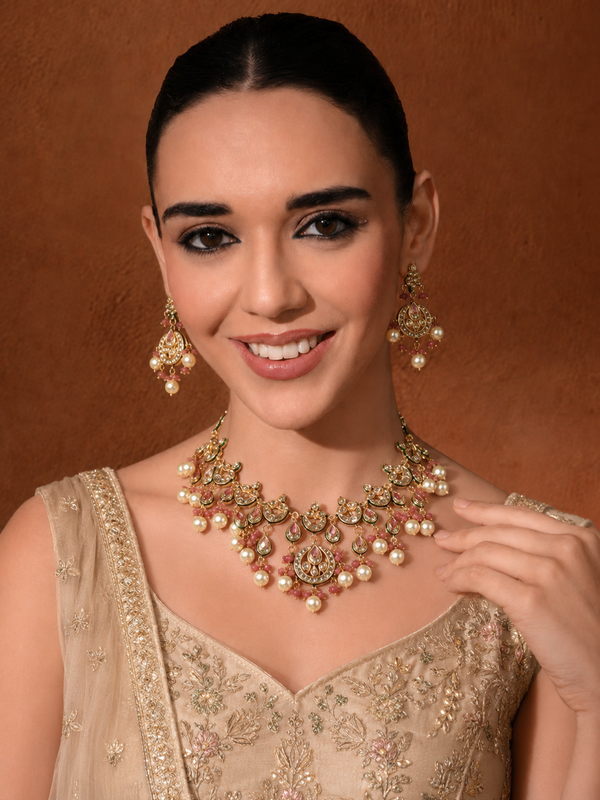GOLD PLATED ETHNIC PINK CHOKAR SET WITH EARRINGS