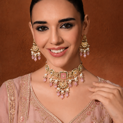 GOLD PLATED KUNDAN CHOKAR & EARRINGS WITH STUDDED PINK STONES