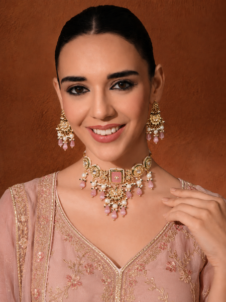 GOLD PLATED KUNDAN CHOKAR & EARRINGS WITH STUDDED PINK STONES