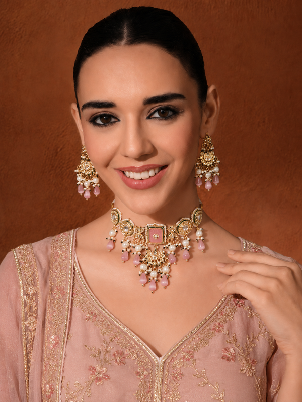 GOLD PLATED KUNDAN CHOKAR & EARRINGS WITH STUDDED PINK STONES