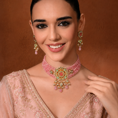 GOLD PLATED CHOKAR & EARRINGS EMBEDDED WITH PINK STONES