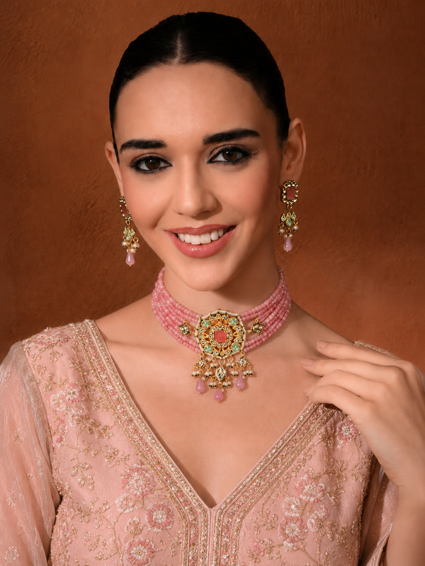 GOLD PLATED CHOKAR & EARRINGS EMBEDDED WITH PINK STONES