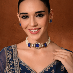 GOLD PLATED KUNDAN & BLUE EMERALD STUDDED CHOKAR WITH EARRINGS