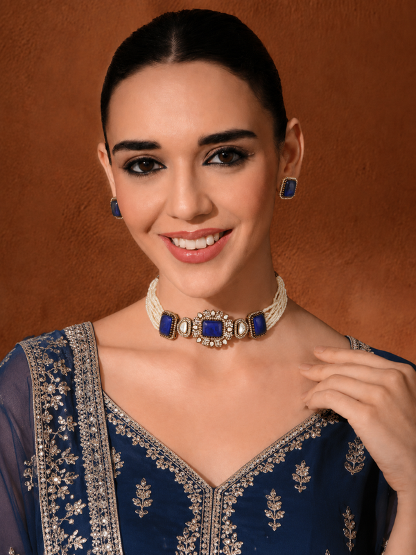 GOLD PLATED KUNDAN & BLUE EMERALD STUDDED CHOKAR WITH EARRINGS