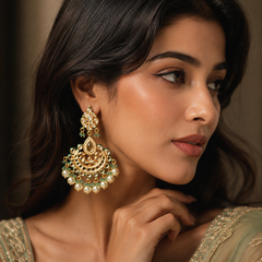 GOLD PLATED ETHNIC CHANDBALI GREEN EARRING SET