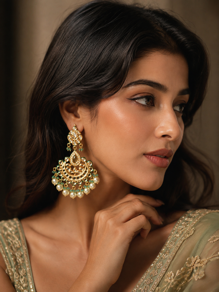 GOLD PLATED ETHNIC CHANDBALI GREEN EARRING SET