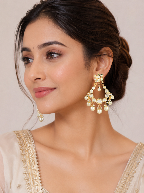 GOLD PLATED ETHNIC WHITE PEARLS EARRING SET