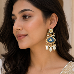 GOLD PLATED ETHNIC DARK BLUE DANGLER EARRING SET