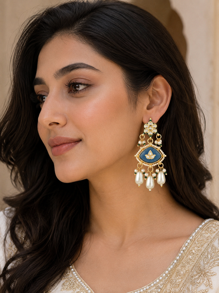 GOLD PLATED ETHNIC DARK BLUE DANGLER EARRING SET
