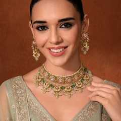 GOLD PLATED MULTI-COLOR ETHNIC CHOKAR SET WITH EARRINGS