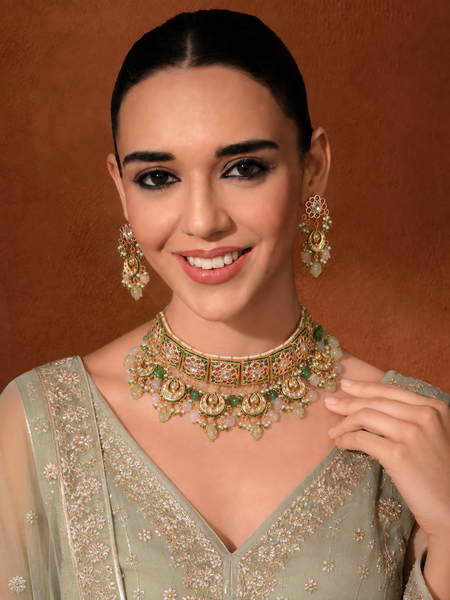 GOLD PLATED MULTI-COLOR ETHNIC CHOKAR SET WITH EARRINGS